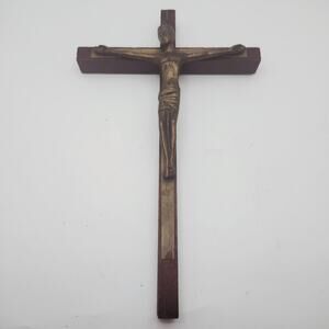 Vintage German Wood Wall Crucifix Cross 10x6 Brass Jesus Catholic Christian Art